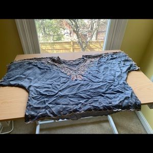 Johnny Was gray and pink embroidered wide-sleeved top, rayon, size M